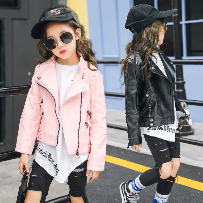 

Spring Fashion Kids Jacket PU Leather Jacket Pink Black Color Girls Autumn Jacket Outwear For Teenage Girls Zipper Coats Costume