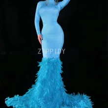 Модное синее жемчужное длинное платье с перьями для женщин, певица, одежда для танцоров, бар, праздничное платье для сцены, выпускного вечера, вечернее платье