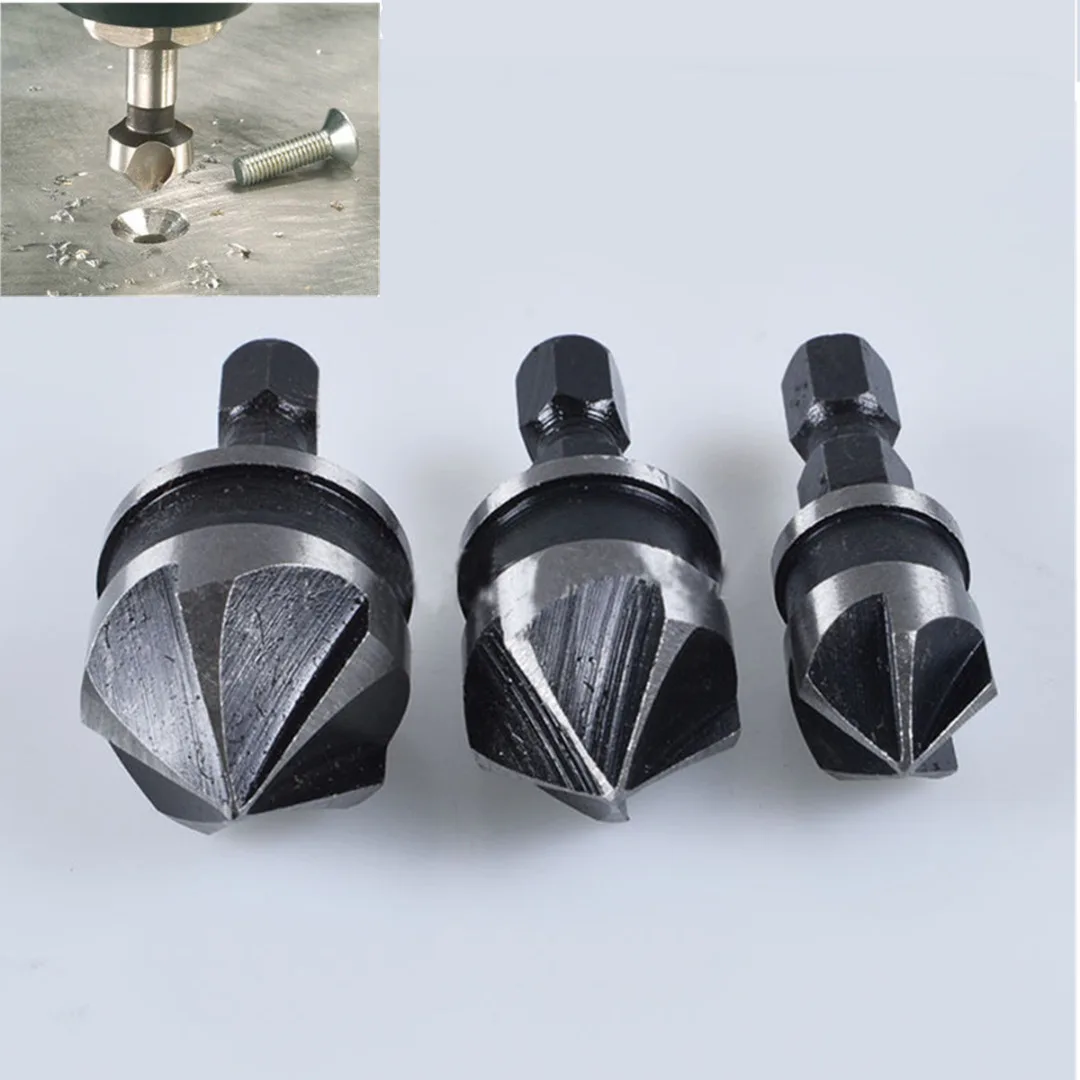 3pcs 5 Flute Countersink Drill Bit Set 90 Degree Chamfering Cutter Mayitr For Wood Metal 12/16/19mm