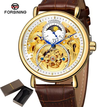

Forsining Men's Fashion Luxury Watch Hollow Moon Phase Carved Hollow Leather Buckle Automatic Mechanical Wrist Watches With Box