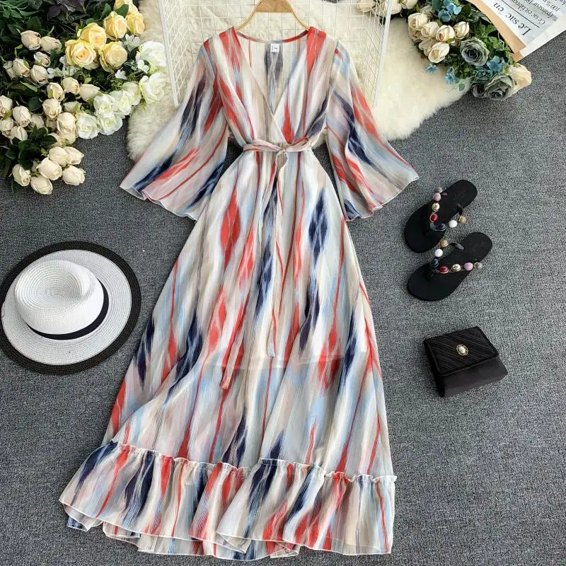 

Holiday Beach Dress Rainbow Chiffon V-neck Horn Sleeve Clothes with Lotus Leaf Edge Bathing suit cover ups 2019 Beach tunic Beac