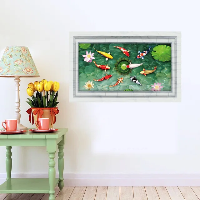 lotus leaf and fish pond 3d wall stickers for bathroom 3d wall
