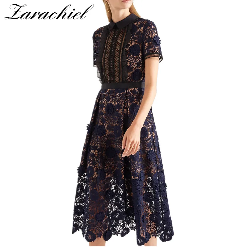 

Zarachiel Self-Portrait Water-Soluble Lace Dress 2019 Summer Women Full Flower Embroidery Hollow out Frill Ruffles Long Dresses