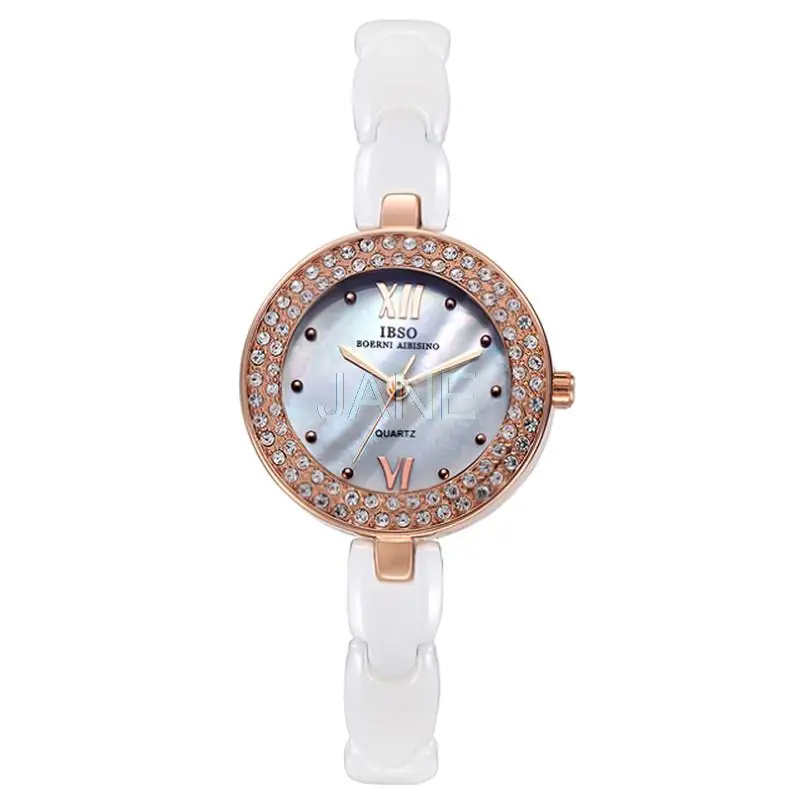 

IBSO Ladies Luxury Brand Ceramic Quartz Watches Woman with Rhinestone Round Women Watch Vogue Ceramic Watches 0650