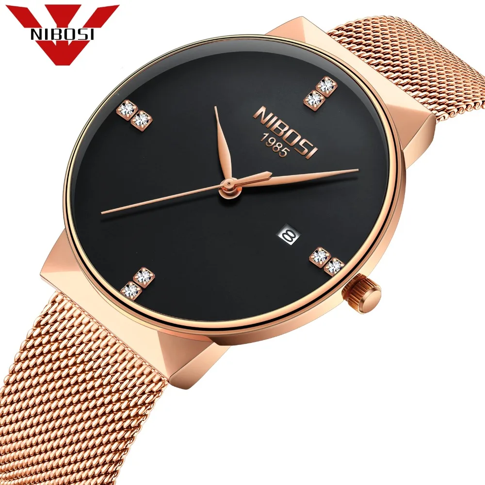 

Luxury Rose Gold Men Watch Top Brand NIBOSI Ultrathin Quartz Watch Men with Milanese Band Calendar Waterproof Erkek kol saati