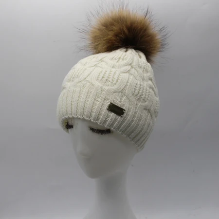 Меховые женские шерстяные вязаные головные уборы, зимняя шапка с помпоном из меха енота для женщин, шапочки Skullies - Цвет: Белый