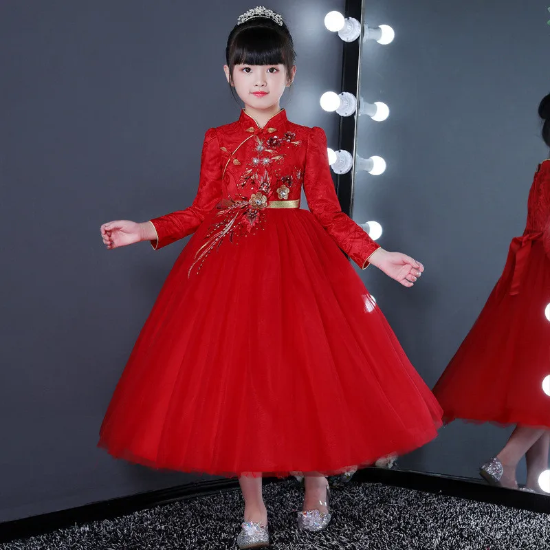 

Red Chinese Qipao Children Autumn Winter Dress Cheongsam Satin Flower Party Dresses Kids Birthday New Year Child Clothes 12 Year