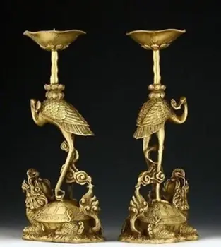 

ONE PAIR OF ORIENTAL CHINESE CARVED COPPER CANDLE STICK-CRANE STATUES