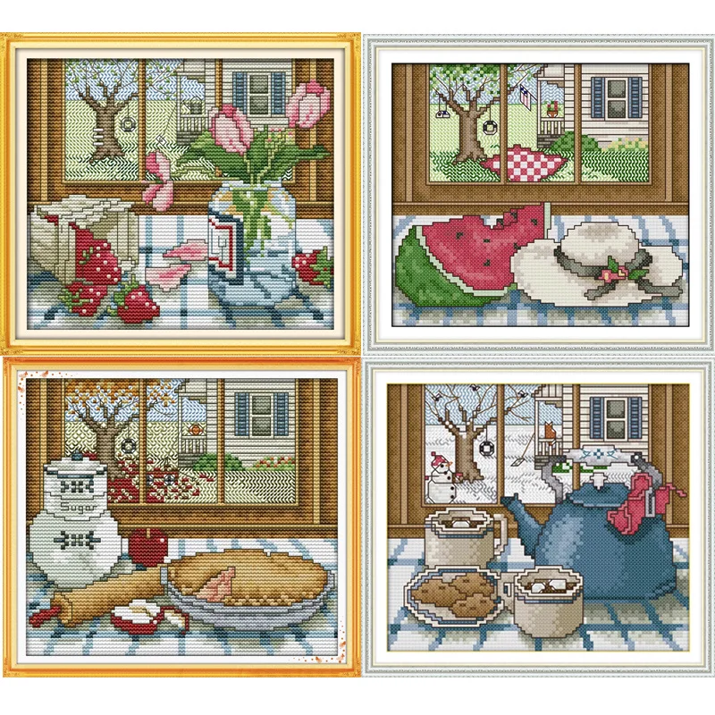 Four Seasons Outside of the window Printed Canvas DMC Counted Cross