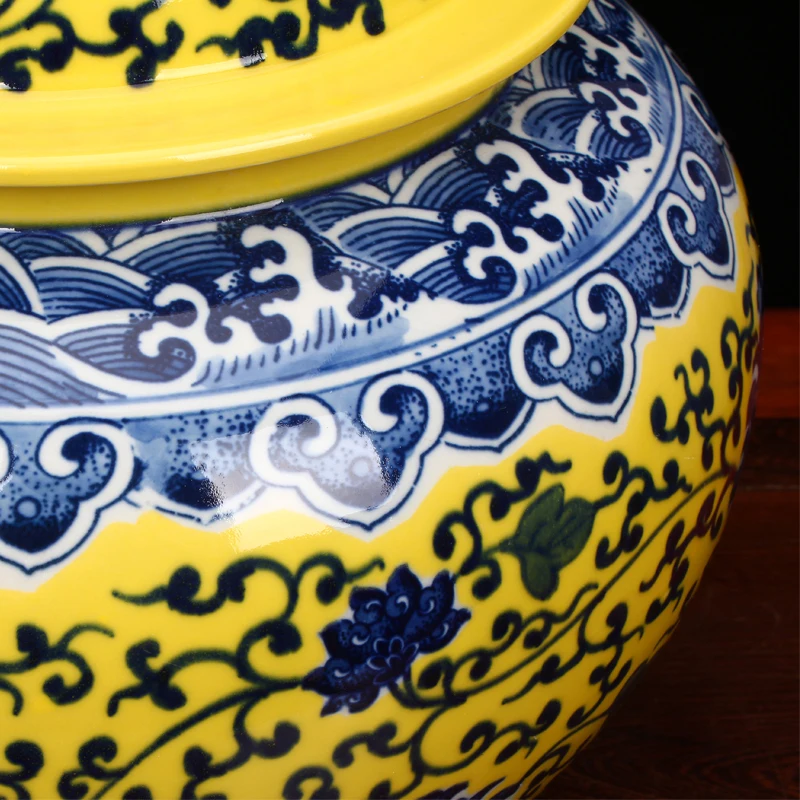 Jingdezhen Античная желтая глазурь сине белая большая банка для хранения китайская