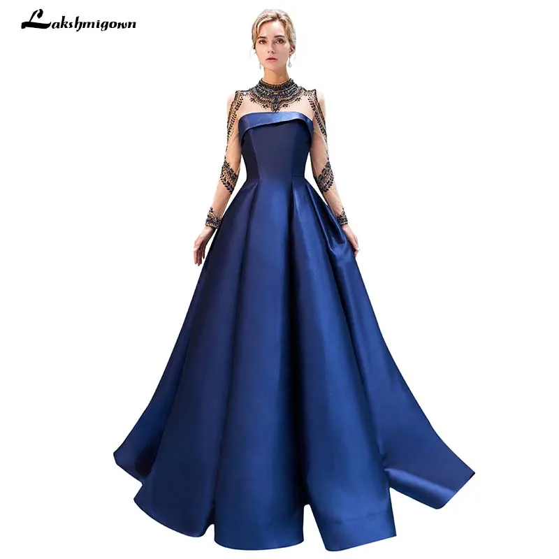 Темно-синие платье для выпускного вечера es Высокая шея Бисер платье для выпускного вечера с длинным рукавом платье вечернее платье Длинные