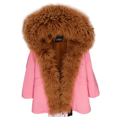Длинная парка, зимняя куртка для женщин, натуральная монгольская овечья шерсть, Толстая теплая парка, натуральный мех, пальто с капюшоном размера плюс, белая - Цвет: Светло-серый