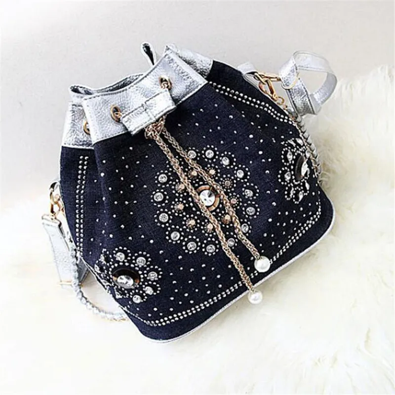 

2016 Vintage Denim Canvas Diamond Rhinestones Weave Women Bag Women Messenger Bags Shoulder Cross Chain Bucket Bag