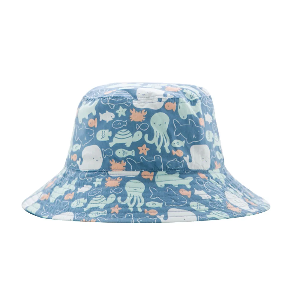 4Octopus Baby Boys Sun Bucket Hat Reversible Fisherman's Basin Cap Cotton Breathable Bonnet with Chinstrap and Marine Animal Pattern