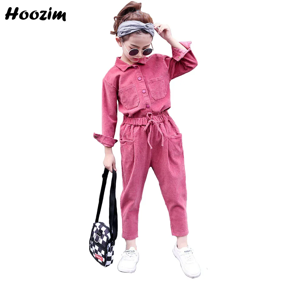 

Autumn Teenage girls Clothing Set 10 11 12 Years Fashion Pink Corduroy Blouse+Pants Children Vintage Brown Sport Suit For Girls