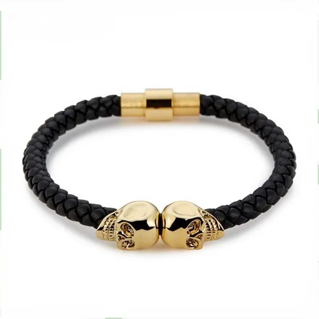 Latest Punk Genuine Stainless Steel Leather Bracelet For Man Women Latest Punk Genuine Stainless Steel Leather Bracelet For Man Women Twins Double Skull With