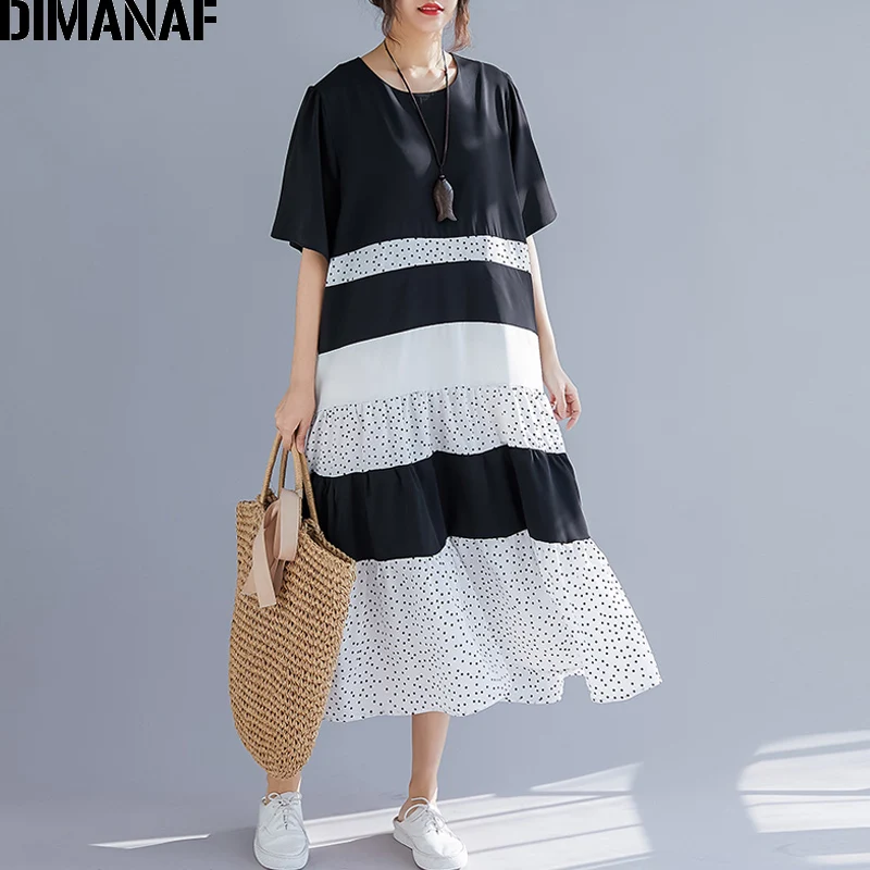 

DIMANAF Plus Size Women Dress Summer Sundress Loose Print Dot Pleated Spliced Female Lady Vestido Casual Cotton Beach Dress 2019