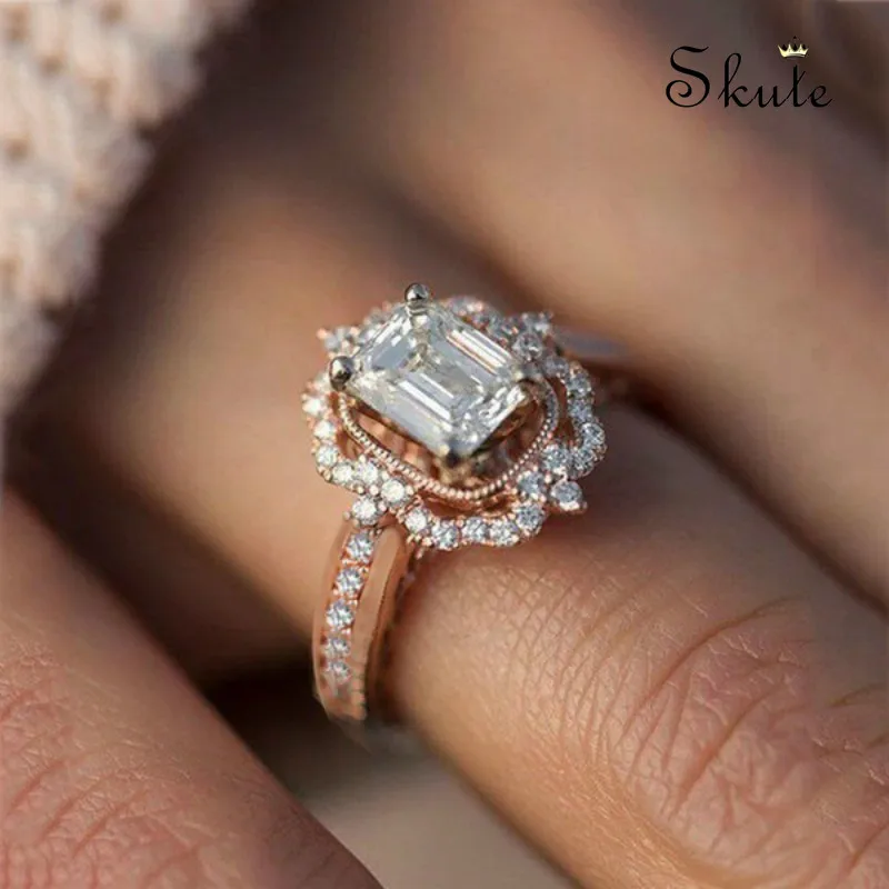 Skute Extravagant Rose Gold Square Cubic Zirconia Natural CZ Stone Engagement Ring for Women Wedding Party Jewelry Princess | Украшения и