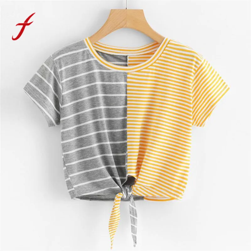 

Feitong Hot Sale Casual T Shirt Women New Womens Fashion Short Sleeve O-Neck Stripe Bow Bandage Shirt Casual Brand Shirt