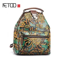 AETOO New Women Floral Printing Backpack Genuine Leather Female Bags Vintage Design Laptop School Bag mochila escolar