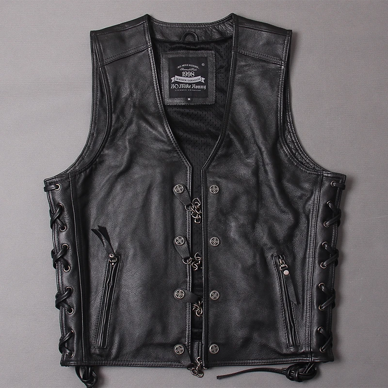 

HARLEY DAMSON Black Men Genuine Leather Vest Double Breasted Plus Size XXXL Slim Fit Short Real Cowhide Biker's Leather Vest