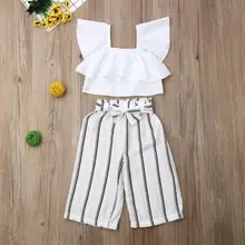 Новые модные милые летние комплекты одежды для маленьких девочек топы с оборками+ длинные штаны в полоску комплекты одежды из 2 предметов