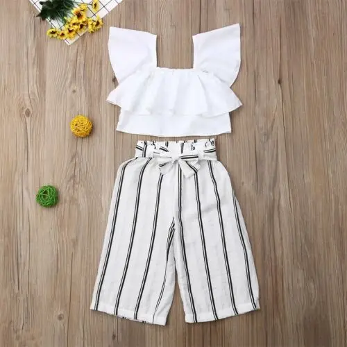 

New Fashion Little Ladies Lovely Girls Summer Clothes Sets Toddler Ruffles Crop Tops + Striped Long Pants 2PCS Sets Outfits