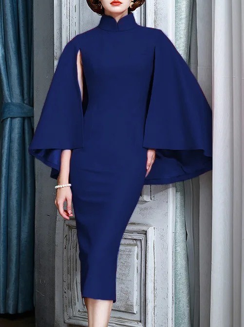 

Split Pencil Bodycon Midi Dress Elegant Vintage Navy Green Cape Sleeve Sexy Women Office Dress Casual Sheath Female Party Dress
