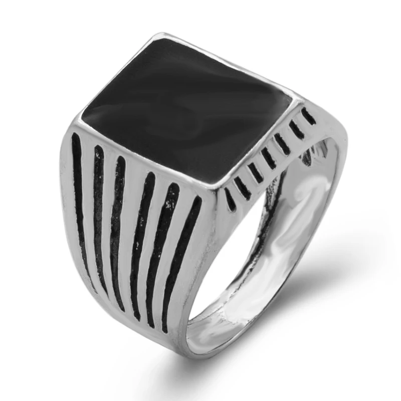 

2018 Vintage Ring Jewelry Imitation Square Black Stone Enamel Ring For Women/Men Antique Silver Plated Rings