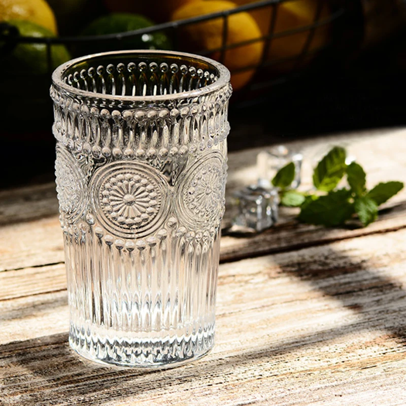 Antique Class Cups Clear Color Fancy Embossed Glass Cups Sunflower Pattern Juice Wine Milk Cup Glassware Drinkware Gift (1)