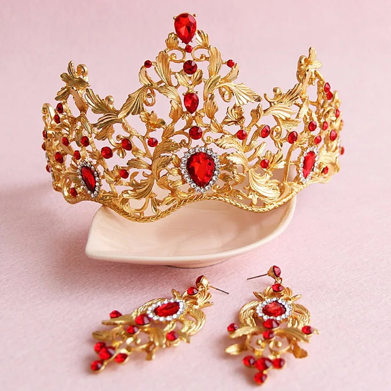 European Hair Accessory Retro Gold Queen Crown Red Rhinestone Crystal