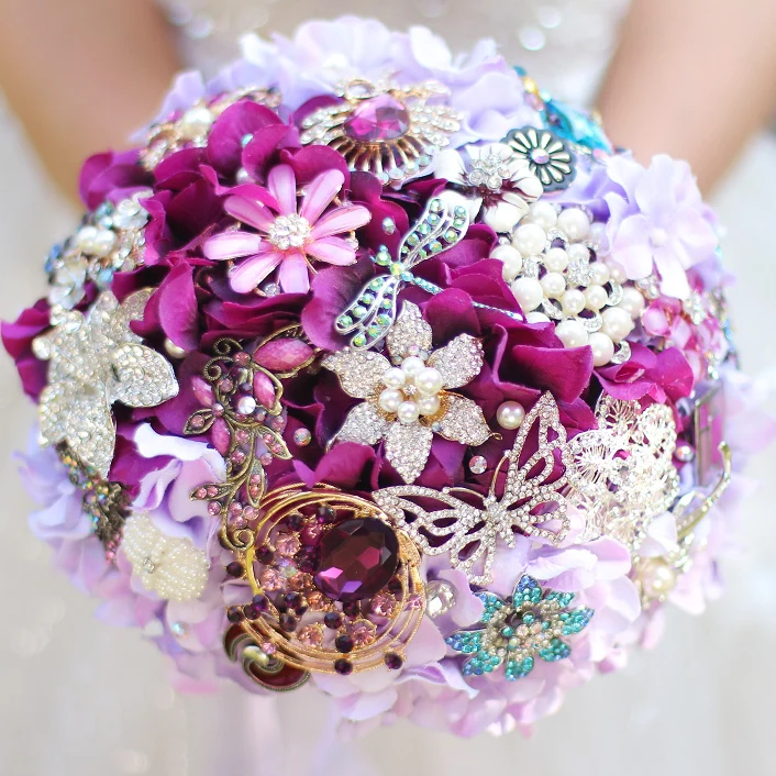 Имитация фиолетового гортензии свадебный букет, Виноградная свадебная брошь букет невесты, пользовательские ювелирные украшения с кристаллами букет