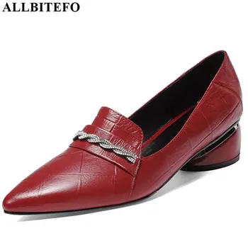 

ALLBITEFO rhinestone pumps genuine leather office ladies women heels girl high heel shoes brand spring autumn casual high heels