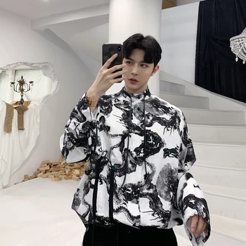 

Men Vintage Pattern Print Fashion Casual Long Sleeve Shirts Oversized Male Stand Collar Long Party Dress Shirts