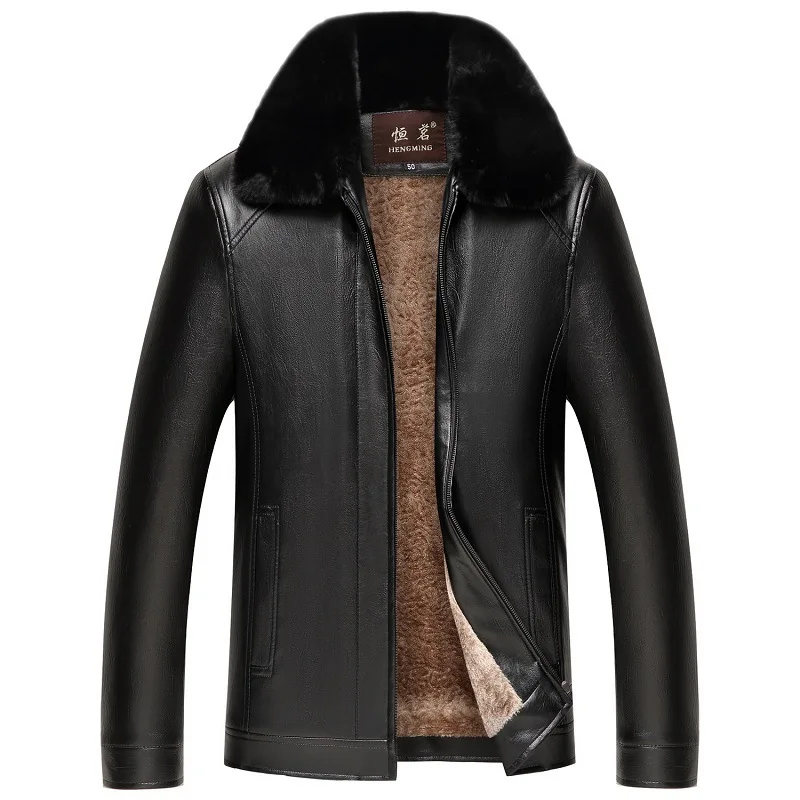 

NXH Plus size Faux Leather Men Solid Smart Casual Turn down Collar fur coat men Wool Liner PU jacket New velvet coat big size
