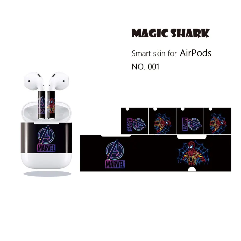 

Magic Shark Marvel Spider Man Iron Man American Captain Waterproof PVC Wrap Sticker Case Film for Apple Airpods Earphone
