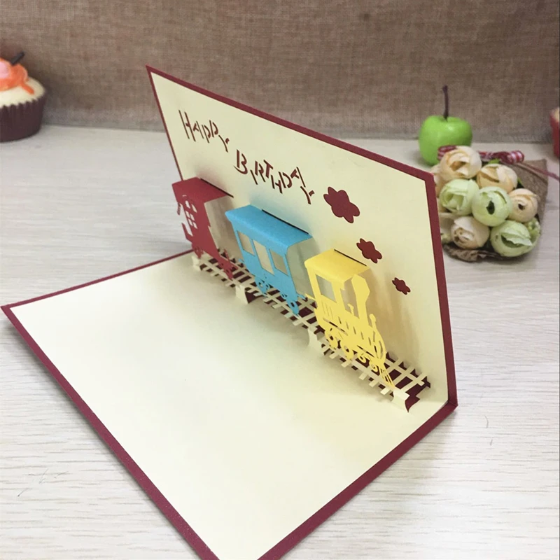 1pcs Happy Train Laser Cut Paper Greeting 3D Pop Up Kirigami Card Wedding Invitation Birthday Valentine's Day Postcards Gifts (4)