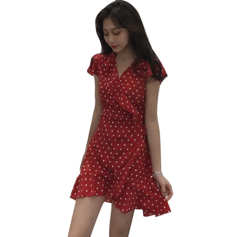 Женское летнее сексуальное платье с v-образным вырезом в горошек, приталенное платье трапециевидной формы, модное элегантное винтажное мини-платье с рукавом-бабочкой, feminina - Цвет: Красный