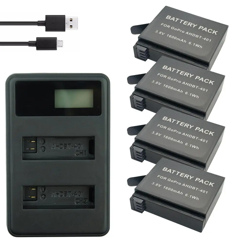

4x AHDBT-401 battery + LCD USB Dual Charger For Gopro Hero 4 Batteries Go Pro Hero4 bateria AHDBT 401 Action camera Accessories