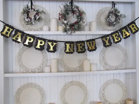Happy New Year Banner Party Decoration Gold Letter Bunting String Flags | Дом и сад