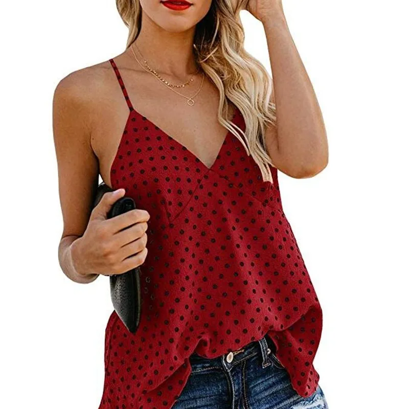 

Summer V-Neck Polka Dot Print Women Vest Tank Tops Casual Sleeveless Camisole Female Sexy Loose Tanks Backless Tops