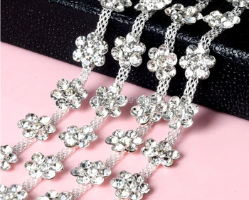 

1 Yard Sparkle Flower Crystals Rhinestones Beads Ribbon Chain Trim For Sewing Craft DIY