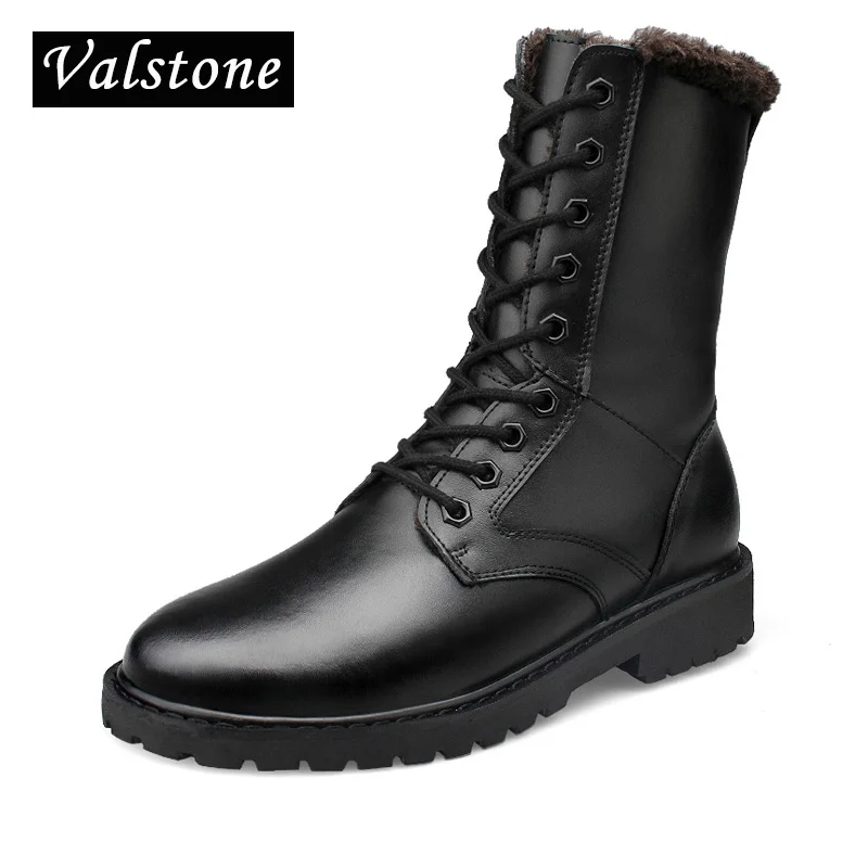 Valstone Men Hand made Combat boots Genuine Leather mid calf boots winter high tops fluff shoes