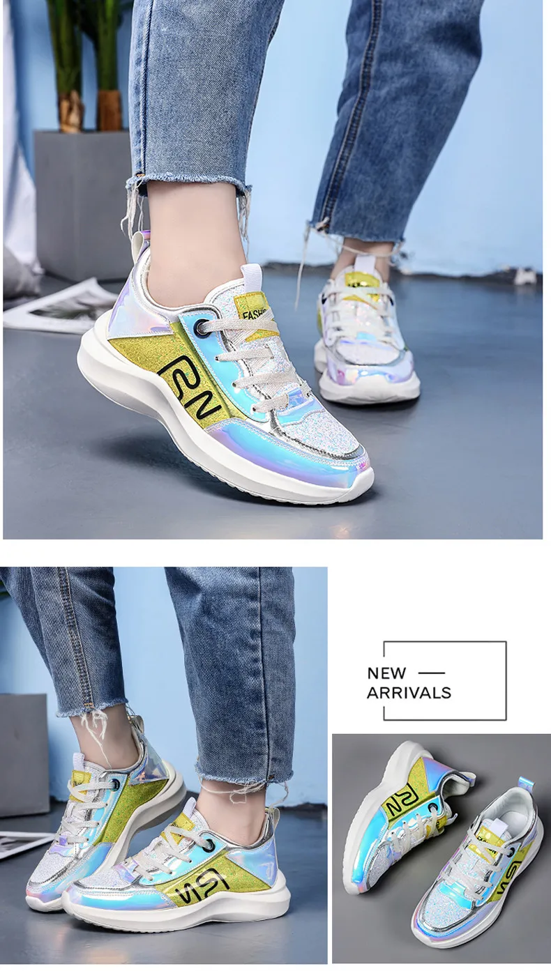 2019 Spring Sneakers Women Shiny Bling Lace-up Flats Shoes Women Basket Femme Trainers Shoes Chunky Sneakers creepers (11)
