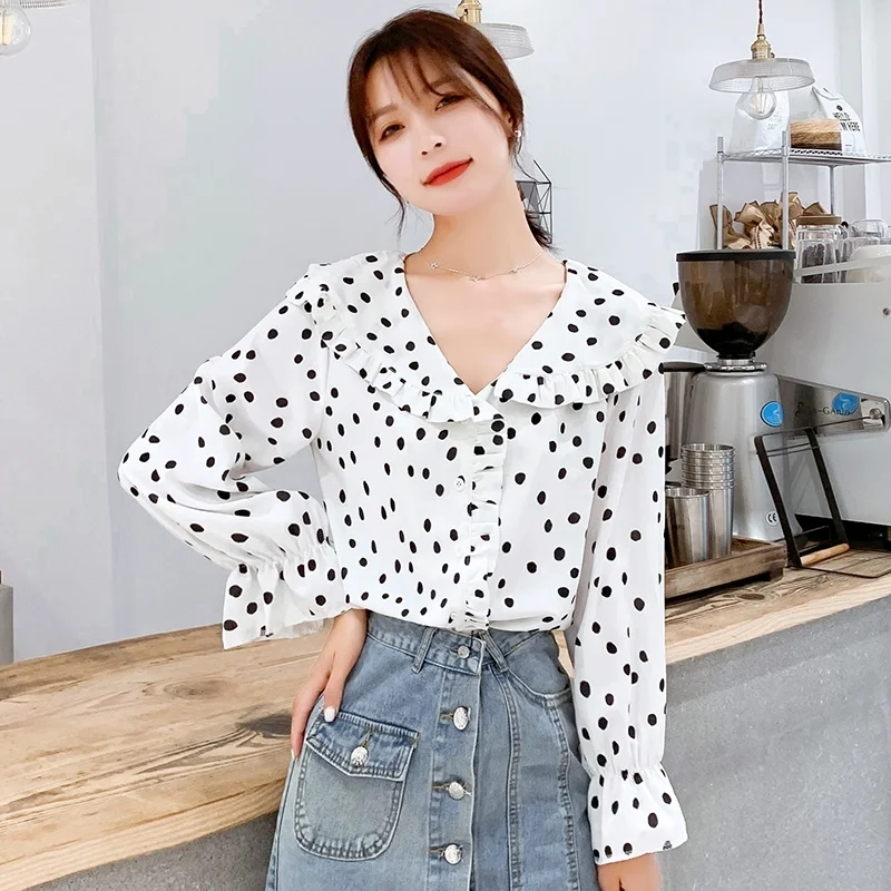 

Blusas 2019 Autumn Women's Shirt Ruffled Dot Print Chiffon Shirt Blouses Plus Size Women Clothing