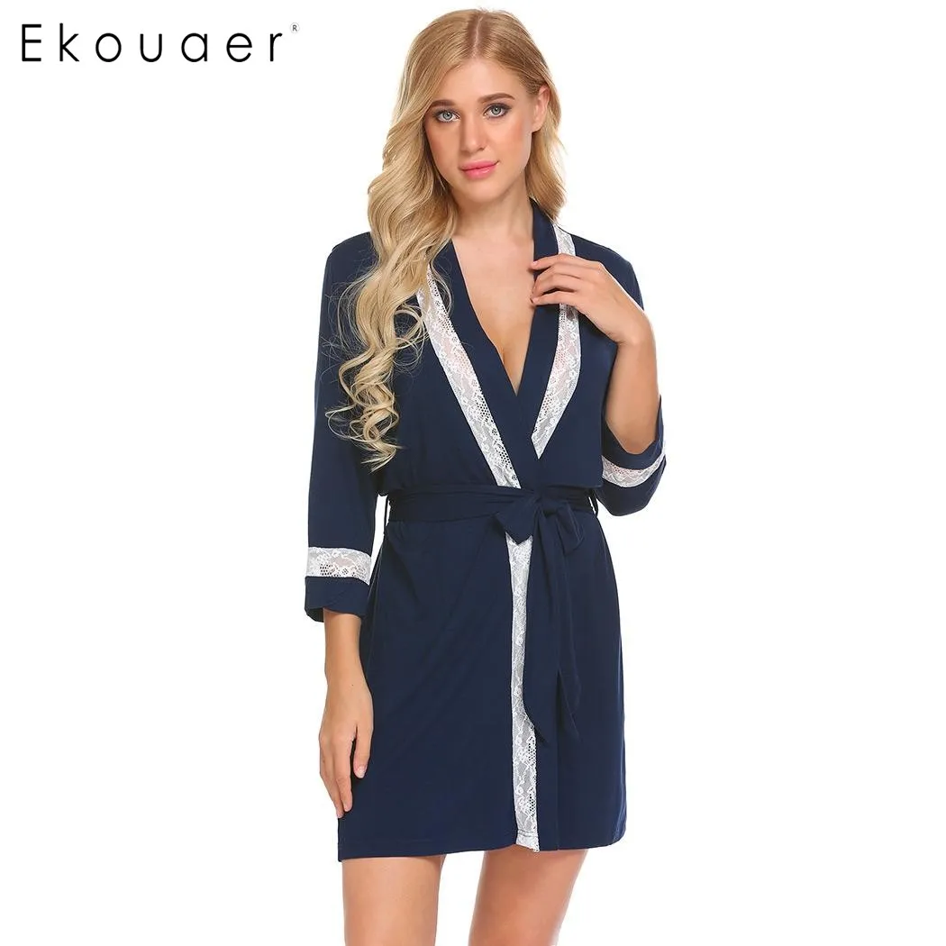 

Ekouaer Women Casual Robe Lace Trim Loose Waist Strap Sexy Sleepwear Short Night Robe Bridesmaids Gown Dressing Female Bathrobes