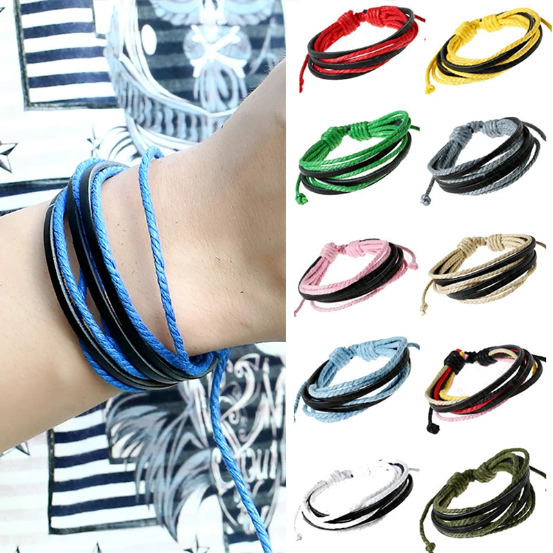 Button Hand Chain Leather Bracelet Fashion Bangles Wrist Men`s Wrap Weave Band | Украшения и аксессуары