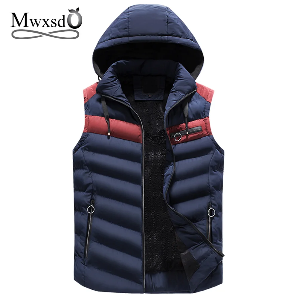 Mwxsd Brand winter men's casual hooded vest men warm thick cotton waistcoat hot male sleeveless jacket and coat