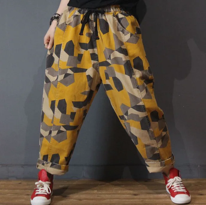 

YoYiKamomo Women Autumn Spring Pants Geometric Elastic Waist Cotton 2018 New Loose Vintage Harem Female Trousers Loose For Women