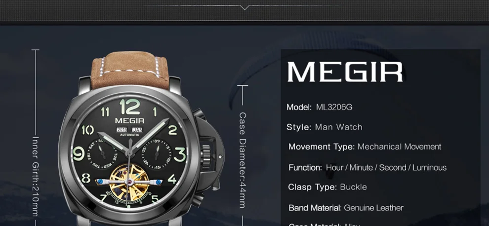 Мужские кварцевые часы MEGIR с большим циферблатом, хронограф, военные часы, светящиеся, Relogio Masculino Saat 3406, механические часы 3206